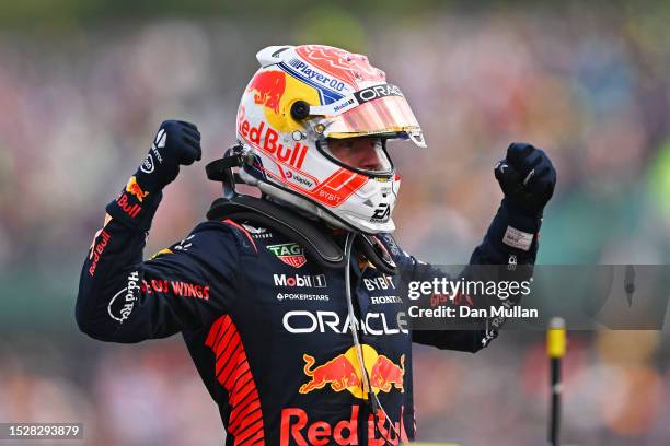 Race winner Max Verstappen of the Netherlands and Oracle Red Bull Racing celebrates in parc ferme during the F1 Grand Prix of Great Britain at...