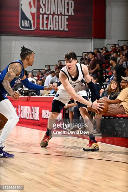Jake LaRavia of the Memphis Grizzlies handles the ball during the 2023 NBA Las Vegas Summer League on July 12, 2023 at the Cox Pavilion in Las Vegas,...