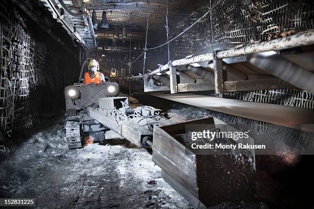 coalminer operating digger in tunnel of deep mine - mining machinery stock pictures, royalty-free photos & images