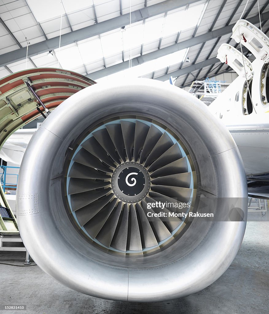 Detail view of a jet engine of airplane
