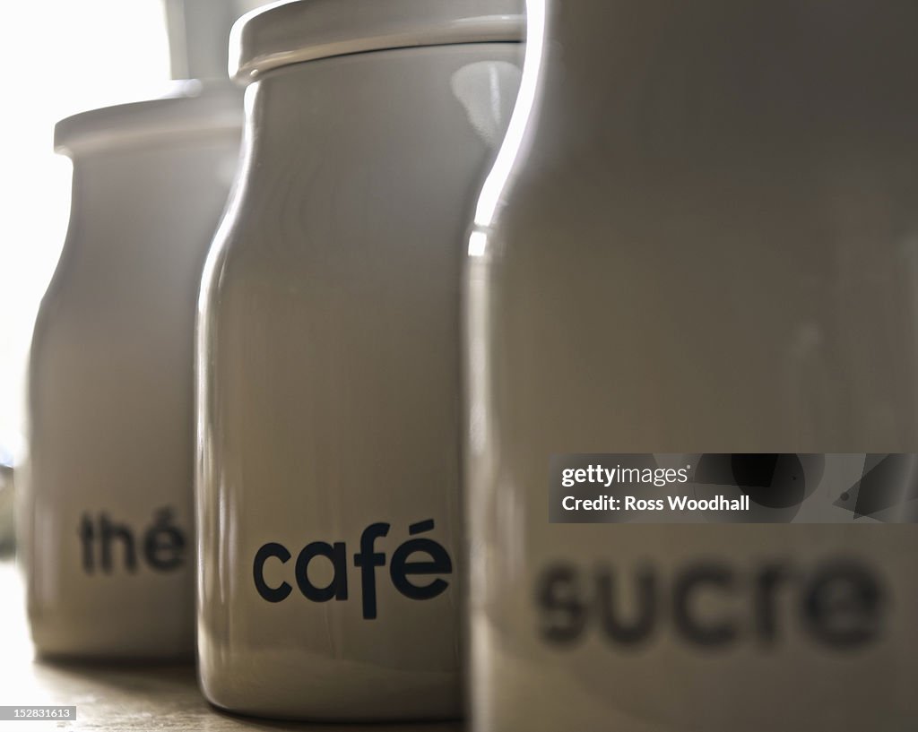 Close up of coffee, tea and sugar jars