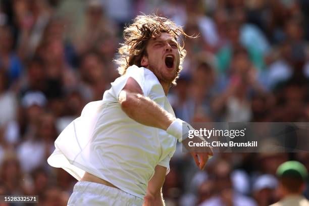 Andrey Rublev celebrates winning match point against Alexander Bublik of Kazakhstan in the Men's Singles fourth round match during day seven of The...