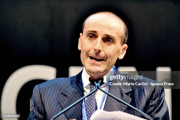 Alberto Vacchi president of Unindustria hold his speech during the Annual Unindustria Assembly at Unipol Arena on September 17, 2012 in Bologna,...