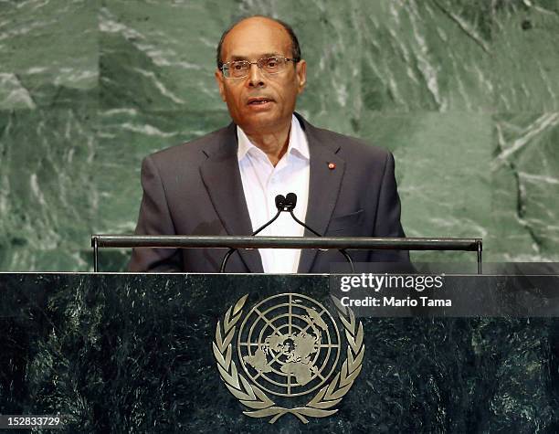 Moncef Marzouki, President of Tunisia, addresses the United Nations General Assembly on September 27, 2012 in New York City. The 67th annual event...