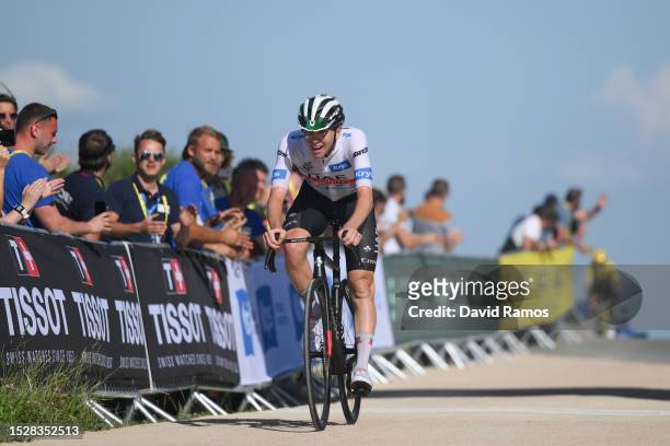 Tadej Pogacar of Slovenia and UAE Team Emirates - White Best Young Rider Jersey crosses the finish line during the stage nine of the 110th Tour de...