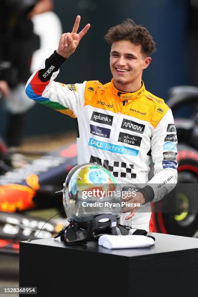 Second placed Lando Norris of Great Britain and McLaren celebrates in parc ferme during the F1 Grand Prix of Great Britain at Silverstone Circuit on...