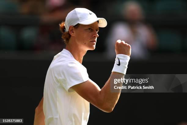 Jannik Sinner of Italy celebrates against Daniel Elahi Galan of Colombia in the Men's Singles fourth round match during day seven of The...