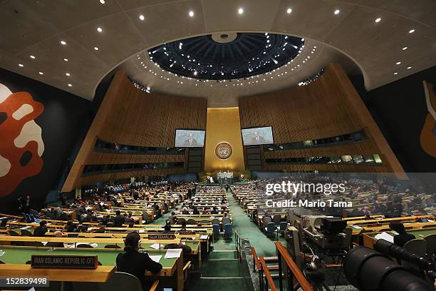 Thein Sein, President of Myanmar, addresses the United Nations General Assembly on September 27, 2012 in New York City. The 67th annual event gathers...