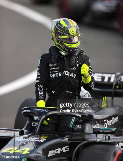 Third placed Lewis Hamilton of Great Britain and Mercedes AMG Petronas F1 Team reacts during the F1 Grand Prix of Great Britain at Silverstone...