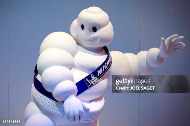 Picture taken on September 27, 2012 shows a Bibendum Michelin logo during the press days ahead of the opening of the Paris Motor Show at the Porte de...