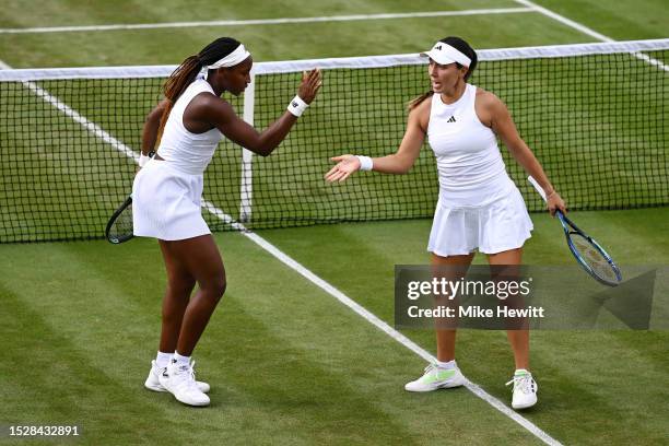 Coco Gauff of United States and partner Jessica Pegula of United States celebrate against Anastasia Detiuc of Czech Republic and Andrea Gamiz of...