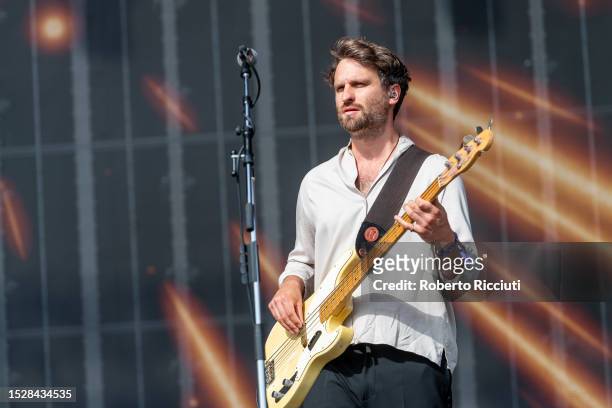 Touring musician Jonathan Harvey of The Kooks performs on stage on the third day of the TRNSMT Festival 2023 at Glasgow Green on July 09, 2023 in...