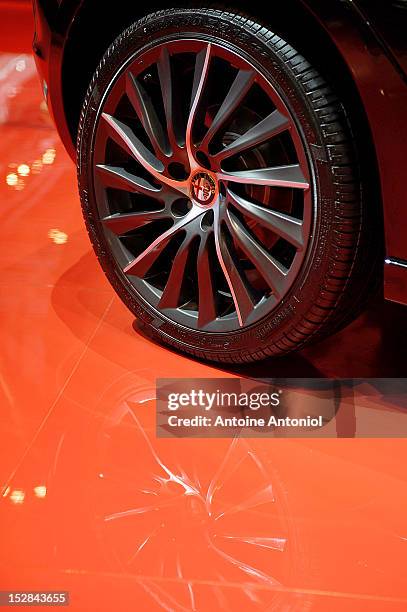 An Alfa Romeo logo is seen on the wheel of the Alfa Romeo Mito car at the Paris Motor Show on September 27, 2012 in Paris, France. The Paris Motor...