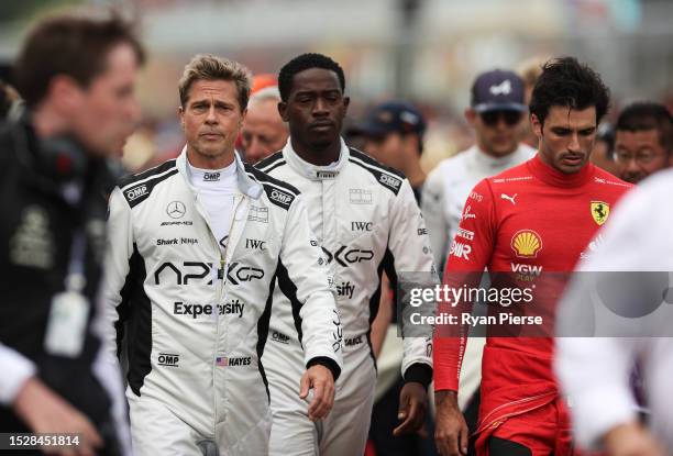 Brad Pitt, star of the upcoming Formula One based movie, Apex, and Damson Idris, co-star of the upcoming Formula One based movie, Apex, walk on the...