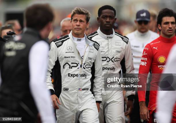 Brad Pitt, star of the upcoming Formula One based movie, Apex, and Damson Idris, co-star of the upcoming Formula One based movie, Apex, walk on the...