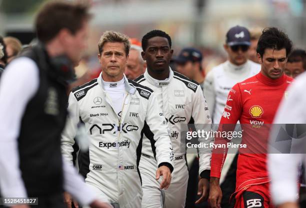 Brad Pitt, star of the upcoming Formula One based movie, Apex, and Damson Idris, co-star of the upcoming Formula One based movie, Apex, walk on the...