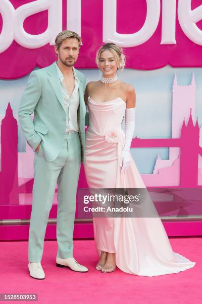 Margot Robbie and Ryan Gosling attend the European premiere of 'Barbie' at the Cineworld Leicester Square in London, United Kingdom on July 12, 2023.
