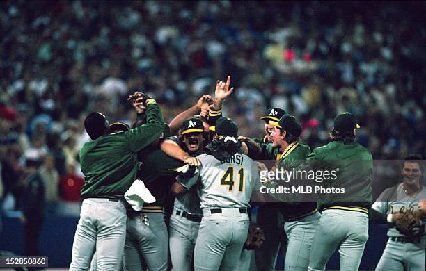 The Oakland Athletics celebrate after winning the 1989 World Series by defeating the San Francisco Giants 9-6 in Game Four on October 28, 1989 at...