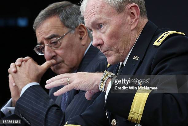 Secretary of Defense Leon Panetta and Chairman of the Joint Chiefs of Staff Gen. Martin Dempsey answer questions during a press conference at the...