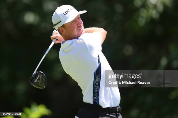 Jonas Blixt of Sweden plays his shot from the second tee during the final round of the John Deere Classic at TPC Deere Run on July 09, 2023 in...