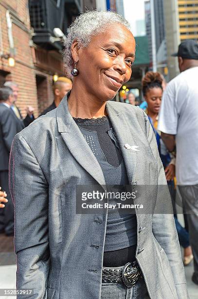 Shirley Jaco, mother of Lupe Fiasco, enters the "Late Show With David Letterman" taping at the Ed Sullivan Theater on September 27, 2012 in New York...