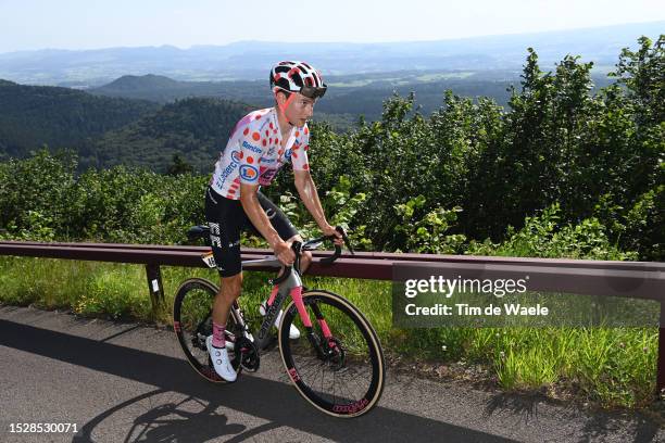 Neilson Powless of The United States and Team EF Education-EasyPost - Polka Dot Mountain Jersey competes in the chase group during the stage nine of...