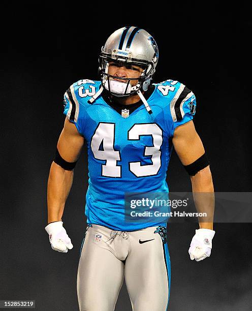 Haruki Nakamura of the Carolina Panthers is introduced before a game against the New York Giants during play at Bank of America Stadium on September...