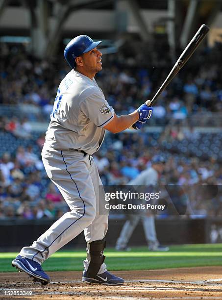 Juan Rivera of the Los Angeles Dodgers plays during a baseball game against the San Diego Padres at Petco Park on September 26, 2012 in San Diego,...