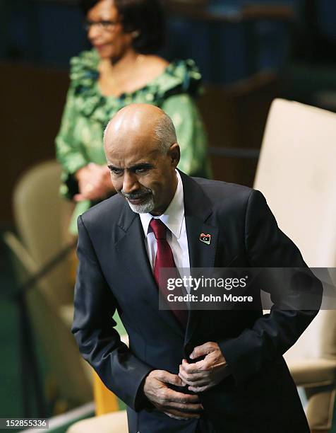 Mohamed Yousef El-Magariaf, President of the General National Congress of Libya, prepares to address the UN General Assembly on September 27, 2012 in...