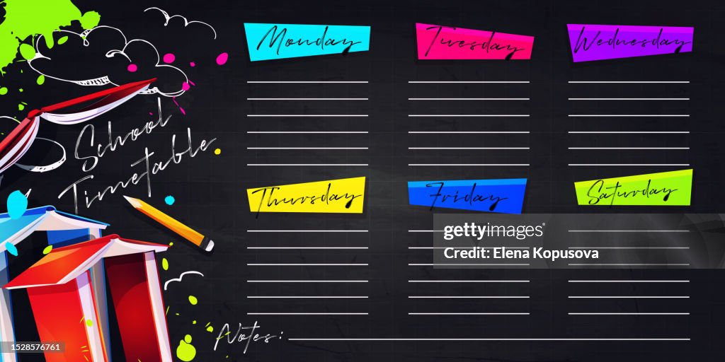 School education and time planning concept in cartoon style. Weekly to-do list on a chalkboard background with textbooks, paper planes and freehand drawings. Creative stylish vector template.