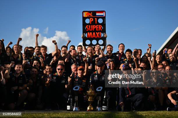 Race winner Max Verstappen of the Netherlands and Oracle Red Bull Racing and the Red Bull Racing team celebrate after the F1 Grand Prix of Great...