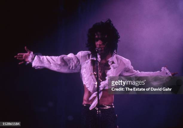 Singer songwriter and musician Prince performs at Madison Square Garden on October 2, 1988 in New York City, New York.