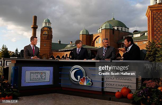 Rich Lerner, Brandel Chamblee, Frank Nobilo and Nick Faldo are seen on the Golf Channel set prior to the start of The 39th Ryder Cup at Medinah...