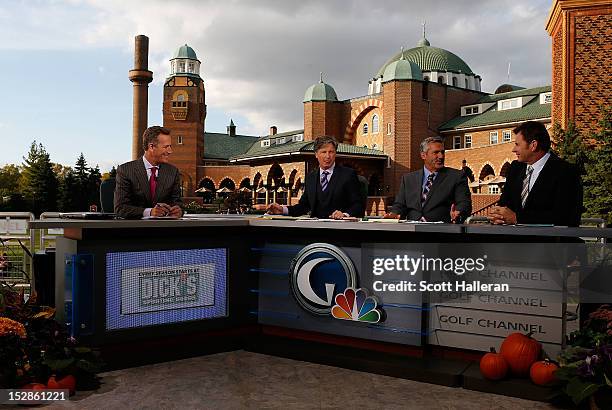 Rich Lerner, Brandel Chamblee, Frank Nobilo and Nick Faldo are seen on the Golf Channel set prior to the start of The 39th Ryder Cup at Medinah...