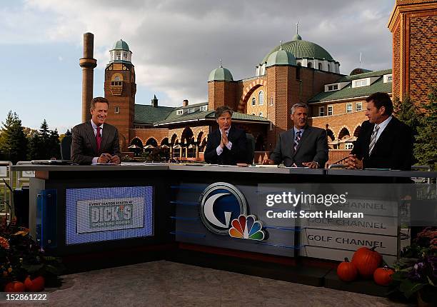 Rich Lerner, Brandel Chamblee, Frank Nobilo and Nick Faldo are seen on the Golf Channel set prior to the start of The 39th Ryder Cup at Medinah...