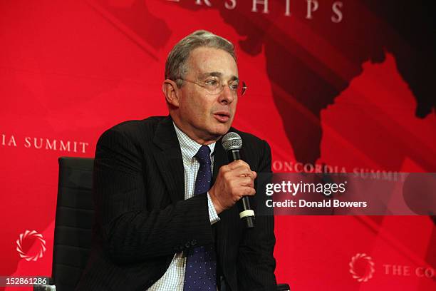 Alvaro Uribe speaks during The 2nd Annual Concordia Summit at The Plaza Hotel on September 27, 2012 in New York City.