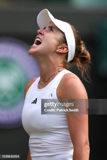 Elina Svitolina of Ukraine reacts against Victoria Azarenka in the Women's Singles fourth round match during day seven of The Championships Wimbledon...