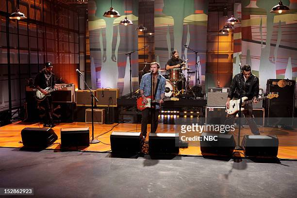 Episode 4324 -- Pictured: Alex Rosamilia, Brian Fallon, Benny Horowitz, Alex Levine of musical guest The Gaslight Anthem on September 27, 2012 --