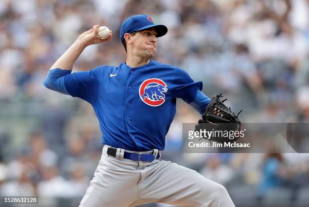 Kyle Hendricks of the Chicago Cubs pitches during the first inning against the New York Yankees at Yankee Stadium on July 9, 2023 in the Bronx...