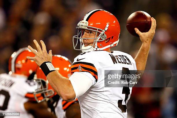 Quarterback Brandon Weeden of the Cleveland Browns looks to throw the ball against the Baltimore Ravens during the NFL Game at M&T Bank Stadium on...