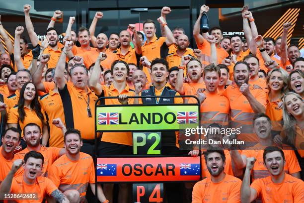 Second placed Lando Norris of Great Britain and McLaren celebrates with their team after the F1 Grand Prix of Great Britain at Silverstone Circuit on...