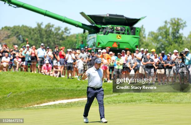 Sepp Straka of Austria reacts to a birdie putt on the ninth green during the final round of the John Deere Classic at TPC Deere Run on July 09, 2023...