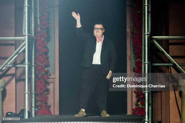 Designer Alber Elbaz walks the runway at the Lanvin Spring / Summer 2013 show as part of Paris Fashion Week at on September 27, 2012 in Paris, France.