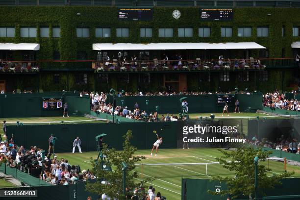 General view of courts surrounding Centre Court during day seven of The Championships Wimbledon 2023 at All England Lawn Tennis and Croquet Club on...