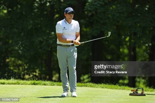 Adam Schenk of the United States plays his shot from the sixth tee during the final round of the John Deere Classic at TPC Deere Run on July 09, 2023...