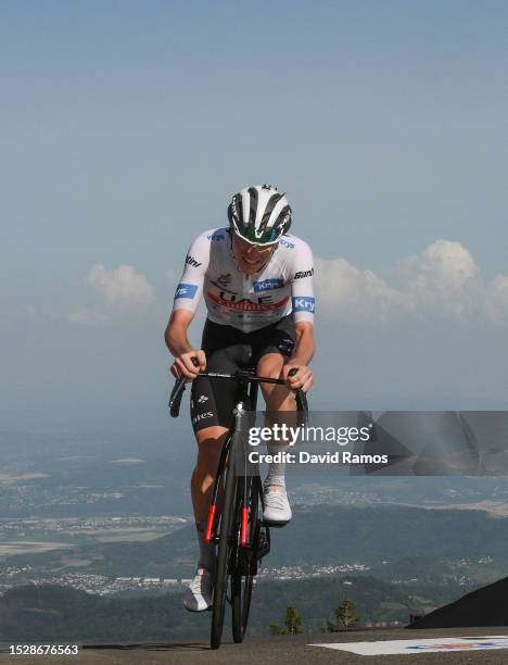 Tadej Pogacar of Slovenia and UAE Team Emirates - White Best Young Rider Jersey crosses the finish line during the stage nine of the 110th Tour de...