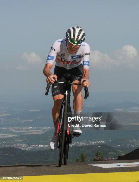 Tadej Pogacar of Slovenia and UAE Team Emirates - White Best Young Rider Jersey crosses the finish line during the stage nine of the 110th Tour de...