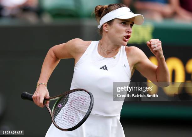 Elina Svitolina of Ukraine celebrates against Victoria Azarenka in the Women's Singles fourth round match during day seven of The Championships...