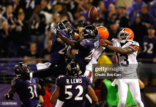 Free safety Ed Reed of the Baltimore Ravens breaks up a pass in the end zone intended for tight end Jordan Cameron of the Cleveland Browns late in...