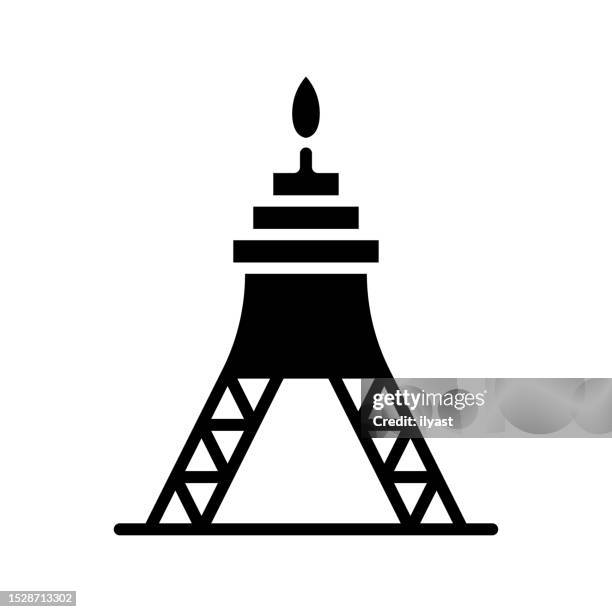 oil platform black line & fill vector icon - offshore platform drilling rig stock illustrations